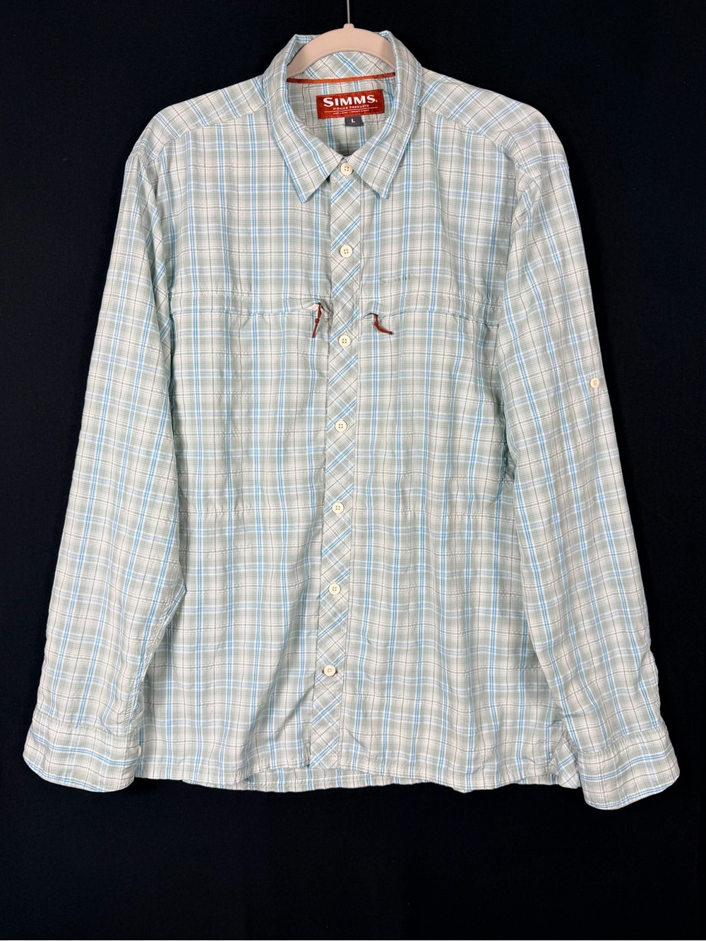 Simms Men's Light Blue and White Plaid Button-Down Shirt Fishing Roll sleeve zip
